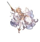  breasts brown_eyes cleavage cosplay detached_sleeves djeeta_(granblue_fantasy) dress expressionless flower full_body granblue_fantasy hair_flower hair_ornament knights_of_glory minaba_hideo official_art shoulder_armor sword the_glory the_glory_(cosplay) thighhighs transparent_background weapon white_dress white_flower white_legwear 