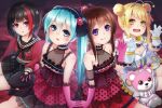  4girls :d antennae bang_dream! bangs bare_shoulders black_gloves black_hair black_hairband black_hat black_neckwear black_sailor_collar blonde_hair blue_eyes blue_hair blush breasts brown_eyes brown_hair checkered cleavage closed_mouth collarbone commentary_request diagonal_bangs double_bun dress earrings elbow_gloves eyebrows_visible_through_hair flower gloves grey_hairband hair_between_eyes hair_ornament hairband halter_dress hands_up hat hat_removed hatsune_miku head_tilt headwear_removed heart holding_hands hot_kakigoori interlocked_fingers jewelry lace lace-trimmed_hairband lace_trim long_hair looking_at_viewer medium_breasts mitake_ran multicolored_hair multiple_girls neckerchief open_mouth parted_lips peaked_cap pink_background pink_gloves planet_hair_ornament polka_dot polka_dot_dress polka_dot_hairband purple_eyes red_dress red_flower red_hair red_rose red_shirt rose round_teeth sailor_collar school_uniform see-through serafuku shirt short_shorts shorts side_bun sidelocks sitting sleeveless sleeveless_dress small_breasts smile star star_hair_ornament streaked_hair striped striped_hairband stuffed_animal stuffed_toy teddy_bear teeth toyama_kasumi tsurumaki_kokoro twintails upper_teeth v-shaped_eyebrows white_gloves white_shorts 