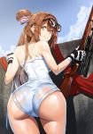  alternate_costume ass back bangs bare_shoulders black-framed_eyewear blush bolt_action breasts brown_hair curvy eyebrows_visible_through_hair eyewear_on_head from_behind girls_frontline glasses gloves green_eyes gun hair_between_eyes hair_ribbon hair_rings highres holding holding_gun holding_weapon ihobus large_breasts long_hair looking_at_viewer looking_back m1903_springfield m1903_springfield_(girls_frontline) one-piece_swimsuit ribbon rifle shoulder_blades sidelocks smile solo swimsuit thighs twintails weapon white_swimsuit 