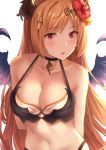  arms_behind_back bikini black_bikini black_choker blonde_hair blush breasts choker cleavage collarbone commentary_request dark_angel_olivia eyebrows_visible_through_hair flower granblue_fantasy hair_flower hair_ornament horns long_hair looking_at_viewer medium_breasts navel red_eyes simple_background solo suzuame_yatsumi swimsuit white_background wings 