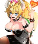  arm_at_side bangs bare_shoulders black_dress blue_earrings blush bowsette bracelet breasts cleavage collar commentary_request crown dress eyebrows_visible_through_hair fangs fingernails fireball hair_between_eyes hand_up heart_of_fire hips jewelry large_breasts light_blue_eyes long_ponytail mario_(series) mt966 nail_polish new_super_mario_bros._u_deluxe open_mouth pantyhose pointy_ears red_nails sharp_fingernails shiny shiny_clothes shiny_hair sidelocks simple_background sitting smile solo spiked_bracelet spiked_collar spiked_shell spikes strapless strapless_dress super_crown tail thick_eyebrows thick_thighs thighs tongue tube_dress white_background wide_ponytail 
