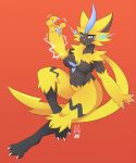  2018 anthro anthrofied big_breasts blue_eyes breasts claws digital_media_(artwork) drakeraynier electric feline female fur hi_res looking_at_viewer mammal nintendo nude pok&eacute;mon pok&eacute;mon_(species) pok&eacute;morph simple_background solo thick_thighs toe_claws video_games yellow_fur zeraora 