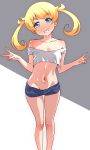  1girl bare_shoulders blonde_hair blue_eyes breasts cleavage double_v eyebrows_visible_through_hair grin head_tilt kiratto_pri_chan light_blush long_hair looking_at_viewer lowleg lowleg_shorts midriff moegi_emo multicolored multicolored_background navel no_bra parted_lips shorts simple_background small_breasts smile solo standing teeth tokomaya_keita twintails v 