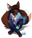  2018 anthro big_ears big_tail blue_eyes breasts brown_fur canine clothed clothing cute distracted earbuds eyebrows eyelashes female fluffy fluffy_tail fox freckles fur hair headphones hoodie jeans mammal pants phone pollo-chan solo 