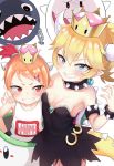  armlet atg_(wttoo0202) bare_shoulders blonde_hair blue_eyes blush boo bowsette bowsette_jr. bracelet breasts chain_chomp child cleavage clenched_teeth collar crown food_themed_hair_ornament hair_ornament hand_on_another's_shoulder highres horns jewelry koopa_clown_car looking_at_viewer mario_(series) multiple_girls mushroom_hair_ornament new_super_mario_bros._u_deluxe orange_hair pointy_ears ponytail red_eyes sharp_teeth shirt short_hair side_ponytail simple_background sleeveless sleeveless_shirt small_breasts spiked_armlet spiked_bracelet spiked_collar spikes super_crown tail teeth white_background white_shirt 