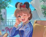  ;d ahoge amusement_park animal_ears bangs black_hairband blue_shirt blue_skirt blush bow bracelet braid breasts brown_hair collared_shirt commentary day earrings eyebrows_visible_through_hair fake_animal_ears from_side green_eyes hair_bow hairband hand_up idolmaster idolmaster_million_live! jewelry kamille_(vcx68) lens_flare looking_at_viewer looking_to_the_side medium_breasts mickey_mouse_ears mouse_ears one_eye_closed open_mouth outdoors polka_dot polka_dot_bow red_bow round_teeth sakuramori_kaori shirt short_hair silhouette skirt smile solo_focus striped striped_shirt teeth tied_hair upper_body upper_teeth vertical-striped_shirt vertical_stripes water_drop wet wet_clothes wet_hair wet_shirt wing_collar 