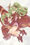  bracelet chiki cloak commentary dress fire_emblem fire_emblem:_monshou_no_nazo fire_emblem_heroes full_body green_eyes green_hair hair_ribbon highres jewelry long_hair mamkute one_eye_closed open_mouth pink_dress pointy_ears ponytail ribbon short_dress simple_background solo stone tiara ziro 