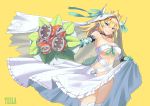  alternate_costume arm_ribbon artist_name bare_shoulders blonde_hair blue_earrings blue_eyes blush bouquet bowsette breasts bridal_legwear bridal_veil brooch cleavage collarbone cowboy_shot dress elbow_gloves fangs_out flower from_side gloves green_gloves green_ribbon hair_between_eyes head_tilt hips horn_ribbon horns jewelry large_breasts letterboxed looking_at_viewer mario_(series) navel new_super_mario_bros._u_deluxe no_panties outline pink_lips pink_pupils piranha_plant pointy_ears ponytail qihai_lunpo revealing_clothes ribbon sapphire_(stone) shiny shiny_hair short_hair sidelocks simple_background skirt skirt_lift slit_pupils solo spiked_shell strap super_crown thighhighs thighs toned underboob veil wedding_dress white_dress white_gloves white_legwear wind yellow_background 
