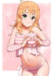  bare_shoulders blonde_hair bra breasts commentary_request detached_sleeves eyebrows_visible_through_hair green_eyes hair_between_eyes heart heart-shaped_boob_challenge heart_hands hoshii_miki idolmaster idolmaster_(classic) lingerie long_hair looking_at_viewer medium_breasts nail_polish navel panties pettan_p pink_nails revision smile solo stomach striped striped_bra striped_panties striped_sleeves underwear underwear_only 