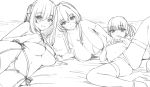  absurdres bikini breasts commentary_request greyscale highres illustogre large_breasts long_hair looking_at_viewer lying monochrome multiple_girls on_side original sketch spread_legs swimsuit thighhighs 