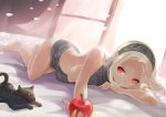  blonde_hair dark_skin food fruit gravity_daze kitten_(gravity_daze) red_eyes sweater 