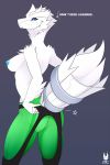  2018 anthro anthrofied big_breasts blue_eyes breasts butt clothed clothing digital_media_(artwork) dragon drakeraynier english_text female fur hi_res legendary_pok&eacute;mon leggings legwear nintendo nipples pok&eacute;mon pok&eacute;mon_(species) pok&eacute;morph reshiram simple_background solo text thick_thighs tight_clothing topless video_games white_fur 
