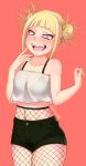  1girl bare_arms bare_shoulders blonde_hair blush boku_no_hero_academia bra collarbone curvy double_bun fangs fishnets glitchynpc happy hips looking_at_viewer medium_hair midriff navel open_mouth short_shorts shorts simple_background smile solo standing strapless teeth thick_thighs thighs toga_himiko tongue tubetop underwear wide_hips yellow_eyes 