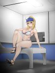  artoria_pendragon_(all) bangs bare_legs bare_shoulders bikini blonde_hair blue_cap breasts cleavage collarbone commentary_request eyebrows_visible_through_hair fate/grand_order fate_(series) full_body hair_between_eyes high_heels high_ponytail indoors large_breasts lights mysterious_heroine_xx_(foreigner) navel room sidelocks sitting sitting_on_table smile solo swimsuit tomliat white_bikini 