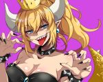  bangs bare_shoulders black_dress black_nails blue_earrings bowsette bracelet breasts brooch claw_pose cleavage collar collarbone commentary_request crown dress eyebrows_visible_through_hair fingernails hair_between_eyes head_tilt horns jewelry kicori light_blue_eyes long_ponytail looking_at_viewer mario_(series) medium_breasts muscle nail_polish new_super_mario_bros._u_deluxe open_mouth pointy_ears purple_background sharp_fingernails sharp_teeth shiny shiny_hair sidelocks simple_background slit_pupils smile solo spiked_bracelet spiked_collar spikes strapless strapless_dress super_crown teeth thick_eyebrows tongue tongue_out tsurime upper_body 