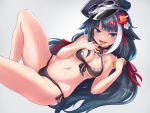  alternate_costume azur_lane bangs bare_legs bare_shoulders bikini black_bikini black_hair black_hat black_nails blue_eyes blush bottle breasts cleavage commentary_request deutschland_(azur_lane) eyebrows_visible_through_hair fang flower front-tie_bikini front-tie_top goggles goggles_on_headwear gradient gradient_background groin hair_flower hair_ornament hair_ribbon halter_top halterneck hand_up hat holding holding_bottle knee_up long_hair looking_at_viewer lotion mole mole_on_body multicolored_hair nail_polish navel open_mouth pinky_out reclining red_hair red_ribbon ribbon side-tie_bikini silver_hair simple_background skindentation smile stomach streaked_hair sunscreen swimsuit tgh326 thighs very_long_hair 