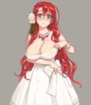  bare_shoulders blush boudica_(fate/grand_order) breasts commentary_request cum cum_on_body cum_on_breasts cum_on_dress cum_on_upper_body dress fate/grand_order fate_(series) flower green_eyes hair_flower hair_ornament huge_breasts jewelry long_hair looking_at_viewer necklace red_hair shoe-ji strapless strapless_dress wedding_dress white_dress 