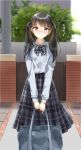  absurdres bag black_eyes black_hair blurry blurry_background blush bow bowtie commentary eyebrows_visible_through_hair highres long_skirt long_sleeves looking_at_viewer original outdoors pentagon_(railgun_ky1206) plaid plaid_skirt shirt skirt smile solo striped striped_neckwear translation_request twintails v_arms white_shirt 