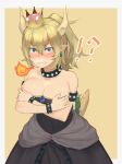  1girl @_@ absurdres bangs bare_shoulders black_dress blonde_hair blue_earrings blue_eyes blush border bowsette bracelet breasts breathing_fire brooch cleavage clenched_teeth collar commentary_request constricted_pupils covering covering_breasts cowboy_shot crown deep_skin dress earrings eyebrows_visible_through_hair fire hair_between_eyes highres horns jewelry looking_at_viewer mario_(series) new_super_mario_bros._u_deluxe nose_blush outside_border pointy_ears ponytail sharp_teeth short_hair sidelocks simple_background solo spiked_bracelet spiked_collar spiked_shell spiked_tail spikes strapless strapless_dress super_crown tail tan_background teeth toima_(beat0829) waist_cape white_border 