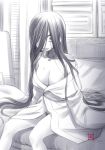  bare_shoulders bed breasts cleavage commentary_request ebifly greyscale hair_over_one_eye large_breasts long_hair long_sleeves monochrome naked_shirt off_shoulder pubic_hair saliva shirt signature sitting solo the_ring tongue tongue_out very_long_hair wide-eyed yamamura_sadako 