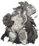  1girl abs animal_ears bajou_takurou breasts claws female large_breasts looking_at_viewer monochrome monster_girl muscle muscular_female navel nipples pubic_hair solo 