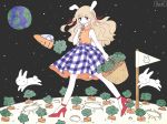  absurdres animal animal_ears artist_name bag bangs blunt_bangs braid bunny bunny_ears bunny_girl carrot collared_shirt crater earth eyebrows_visible_through_hair eyes_visible_through_hair flag food hand_up high_heels highres light_brown_hair long_hair looking_back moon moon_rabbit night night_sky noeru_(noellemonade) orange_eyes orange_shirt original pale_skin parted_lips plaid plaid_skirt red_footwear shirt signature skirt sky sleeveless solo space_craft star_(sky) starry_sky twin_braids vegetable 