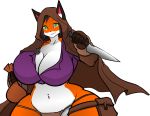  2018 5_fingers anthro big_breasts black_fur breasts canine cleavage clothed clothing dagger female fox fur gloves_(marking) green_eyes hayakain kylie_steel_(lildredre) mammal markings melee_weapon multicolored_fur navel navel_piercing orange_fur panties piercing shirt skimpy smile solo thick_thighs underwear voluptuous weapon white_fur wide_hips 