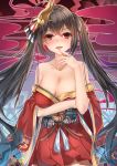  azur_lane bangs bare_shoulders black_hair blush bow breasts chahei cleavage collarbone commentary eyebrows_visible_through_hair finger_to_mouth hair_between_eyes hair_bow hair_ribbon head_tilt highres japanese_clothes kimono long_hair medium_breasts off_shoulder parted_lips pleated_skirt red_eyes red_kimono red_ribbon red_skirt ribbon skirt solo striped striped_bow symbol_commentary taihou_(azur_lane) tongue tongue_out twintails very_long_hair 