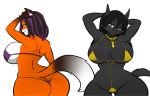  2018 anthro arms_above_head bedroom_eyes big_breasts big_butt bikini black_fur black_hair breasts brown_eyes butt canine clothed clothing dipstick_tail female fox fur gloves_(marking) green_eyes hair half-closed_eyes hand_on_head hayakain highlights jackal jewelry kylie_steel_(lildredre) looking_at_viewer mammal markings multicolored_fur multicolored_hair multicolored_tail necklace orange_fur pose purple_highlights rachael_wilde_(lildredre) seductive simple_background skimpy smile swimsuit thick_thighs voluptuous white_background white_fur wide_hips 