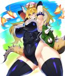  absurdres armpits arms_up blonde_hair blue_eyes blush bowsette breasts crown highres horns large_breasts leotard mario_(series) new_super_mario_bros._u_deluxe ponytail sharp_teeth shell smile super_crown tail teeth thighhighs wtwinmkii2nd 