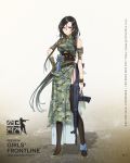  assault_rifle black_hair camouflage_print character_name china_dress chinese_clothes commentary_request dress girls_frontline gold_trim grey_eyes gun highres kieta korean_commentary long_hair official_art rifle solo star_cutout thigh_strap thighhighs type_03_(girls_frontline) type_03_assault_rifle watermark weapon web_address 