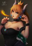  armlet artist_name bare_shoulders black_collar black_dress black_nails bowsette bracelet breasts breathing_fire brown_hair claw_pose cleavage collar commentary_request covered_navel crown dress earrings fangs fingernails fire glowing grey_background hands_up head_tilt highres horns jewelry long_hair looking_at_viewer mario_(series) medium_breasts mini_crown nail_polish new_super_mario_bros._u_deluxe open_mouth pointy_ears shimmer signature solo spiked_armlet spiked_bracelet spiked_collar spiked_shell spikes strapless strapless_dress super_crown turtle_shell 