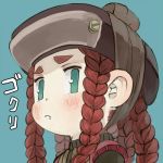  blue_background braid brown_hair brown_hat closed_mouth commentary_request ebimomo fang fang_out green_eyes hat lowres multiple_braids portrait simple_background solo 