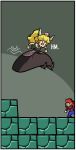  1girl black_dress blonde_hair bowsette brick dress english floating hat high_heels horns ian_samson long_hair mario mario_(series) new_super_mario_bros._u_deluxe overalls ponytail red_hat spiked_shell super_crown super_mario_bros._3 