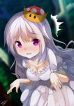  1girl bangs blurry blurry_background blush breasts chinomaron cleavage commentary_request crown day depth_of_field dress eyebrows_visible_through_hair frilled_dress frills ghost_pose hair_between_eyes hands_up highres long_hair looking_at_viewer luigi's_mansion mario_(series) medium_breasts mini_crown new_super_mario_bros._u_deluxe no_gloves nose_blush outdoors parted_lips pleated_dress princess_king_boo puffy_short_sleeves puffy_sleeves purple_eyes sharp_teeth short_sleeves signature silver_hair solo super_crown tears teeth tilted_headwear tree twitter_username very_long_hair white_dress 