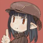  :p bangs black_hair blunt_bangs brown_hat brown_sweater commentary_request ebimomo eyebrows_visible_through_hair hand_up hat horns index_finger_raised long_hair lowres original portrait red_background red_eyes ribbed_sweater simple_background smile solo sweater tongue tongue_out 