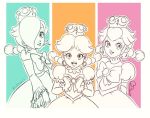  bow braid commentary earrings english_commentary frilled_sleeves frills jewelry likovacs lipstick makeup mario_(series) multicolored multicolored_background multiple_girls new_super_mario_bros._u_deluxe peachette princess_daisy rosetta_(mario) simple_background toadette transformation twin_braids twitter_username 
