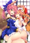  animal_ears apron arm_garter ass bangs bare_shoulders bell bell_collar blue_bow blue_kimono blush bow breasts cat_hair_ornament cat_paws collar commentary_request dual_persona fang fate/extra fate/grand_order fate_(series) fox_ears fox_tail gloves hair_between_eyes hair_bow hair_ornament hips japanese_clothes jingle_bell kimono large_breasts long_hair looking_at_viewer maid_headdress maruchan. multiple_girls naked_apron obi one_eye_closed open_mouth paw_gloves paw_shoes paws pink_hair ponytail red_bow sash shoes sideboob smile tail tamamo_(fate)_(all) tamamo_cat_(fate) tamamo_no_mae_(fate) tassel thighs twintails wide_sleeves yellow_eyes 