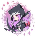  :&lt; animal_ears animal_hood black_capelet black_cloak blush bow braid capelet cat_ears cat_hood chain chibi cloak closed_mouth commentary fate/grand_order fate_(series) full_body grey_footwear hair_bow holding holding_scythe hood hood_up hooded_cloak long_hair medusa_(lancer)_(fate) milkpanda purple_eyes purple_hair red_bow rider scythe sidelocks single_braid solo thighhighs very_long_hair white_legwear 