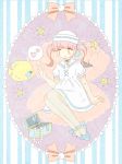  absurdres air_bubble blue_footwear blush bow bubble dress fish fish_request hat heart highres jewelry long_hair necklace no_nose noeru_(noellemonade) open_mouth original pink_bow pink_eyes pink_hair puffy_short_sleeves puffy_sleeves sailor_collar sailor_dress sailor_hat shell short_sleeves solo speech_bubble star striped striped_background treasure_chest twintails 
