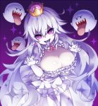  bangs blush boo breasts brooch cleavage collarbone crown dress earrings eyebrows_visible_through_hair frilled_dress frilled_gloves frills ghost_pose gloves hair_between_eyes jewelry large_breasts long_hair looking_at_viewer luigi's_mansion mario_(series) nazu new_super_mario_bros._u_deluxe open_mouth princess_king_boo puffy_short_sleeves puffy_sleeves purple_tongue sharp_teeth short_sleeves silver_hair super_crown teeth tongue tongue_out white_dress white_gloves 