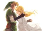  1girl bangs belt blonde_hair blue_eyes brown_gloves catching closed_eyes closed_mouth commentary_request dress earrings eorinamo falling fingerless_gloves gloves green_cloak hair_between_eyes jewelry link long_hair looking_at_another parted_lips pointy_ears pouch princess_zelda strap the_legend_of_zelda white_dress wide_sleeves 