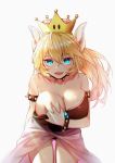 absurdres ass_visible_through_thighs bangs bare_shoulders black_leotard blonde_hair blue_eyes blush bowsette bracelet breasts cleavage collar collarbone commentary_request covering covering_one_breast cowboy_shot crown deep_skin eyebrows_visible_through_hair gem grey_skirt hair_between_eyes hand_on_breast hand_on_own_chest high_ponytail highres horns huge_filesize jewelry koi_han large_breasts leaning_forward leotard leotard_pull light_particles light_rays long_hair looking_at_viewer mario_(series) new_super_mario_bros._u_deluxe open_mouth ponytail sapphire_(stone) see-through sharp_teeth showgirl_skirt simple_background skirt slit_pupils smile solo spiked_armlet spiked_bracelet spiked_collar spikes standing strapless strapless_leotard super_crown teeth white_background 