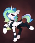 2018 clothed clothed_feral clothing digital_media_(artwork) ear_piercing equine feathered_wings feathers female feral friendship_is_magic goth hair hi_res horn leather looking_at_viewer mammal multicolored_hair multicolored_tail my_little_pony piercing princess_celestia_(mlp) purple_eyes smile solo white_feathers winged_unicorn wings yakovlev-vad 