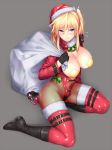  1girl blonde_hair blue_eyes blush boots breasts christmas curvy female hat kageshio_(276006) large_breasts leotard long_hair looking_at_viewer no_bra pointy_ears santa_hat sex_toy shinganji_kurenai shiny shiny_skin sitting solo sweat taimanin_(series) taimanin_kurenai thighs twintails 