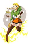  1girl bike_shorts blonde_hair blouse blue_eyes boots braid choker compass glitchynpc gloves hood linkle nintendo open_mouth simple_background skirt smile solo the_legend_of_zelda thigh_boots thighhighs thighs twin_braids 