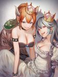  all_fours bangs blonde_hair blue_eyes blush bowsette bracelet breasts cleavage collar collarbone commentary_request crown dress earrings fangs horns jewelry large_breasts long_hair looking_at_viewer luigi's_mansion mario_(series) multiple_girls new_super_mario_bros._u_deluxe open_mouth ponytail princess_king_boo red_eyes shi_niao sitting smile spiked_armlet spiked_bracelet spiked_collar spikes super_crown teeth tongue tongue_out white_dress white_hair 