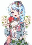  :d bang_dream! bangs blue_dress blue_hair blush bow braid chyoling commentary_request dress eyebrows_visible_through_hair floral_print flower food fruit gloves hair_flower hair_ornament hair_over_shoulder hair_ribbon hairband half_gloves hands_up head_tilt holding holding_food holding_fruit long_hair long_sleeves matsubara_kanon open_mouth pink_bow pink_ribbon print_dress purple_eyes red_apple red_hairband ribbon ribbon_braid rose_print round_teeth side_braid simple_background smile solo strawberry striped striped_hairband striped_ribbon teeth upper_teeth white_background white_flower white_gloves 