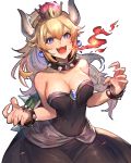  :d bare_shoulders black_dress blonde_hair blue_eyes bowsette bracelet breasts cleavage collar commentary_request crown dress earrings eyebrows eyebrows_visible_through_hair fangs fire horns jewelry long_hair mario_(series) medium_breasts new_super_mario_bros._u_deluxe open_mouth oro_(sumakaita) pointy_ears ponytail simple_background smile solo spiked_bracelet spiked_collar spikes super_crown white_background 