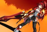  alice360 alternate_costume armor elesis_(elsword) elsword eyebrows_visible_through_hair fire flame highres holding holding_weapon ponytail red_hair simple_background smile standing sword weapon 